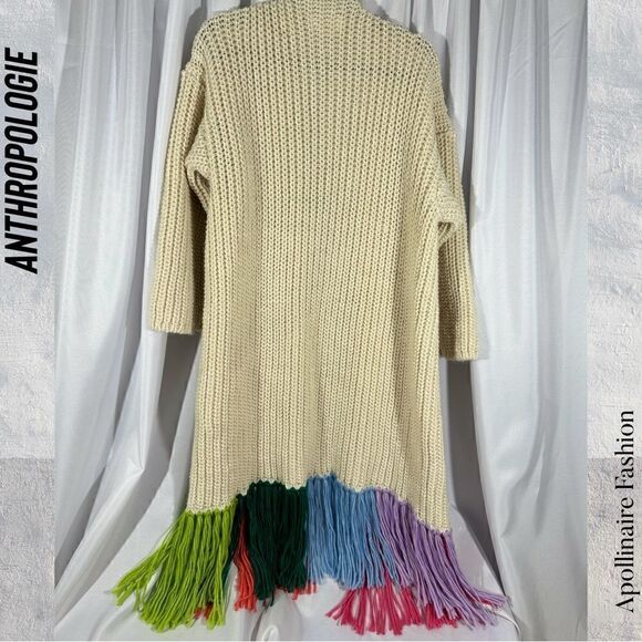 ANTHROPOLOGIE CARDI DUSTER MULTI COLORED FRINGED IN CREME NWOT OS - Picture 5 of 6